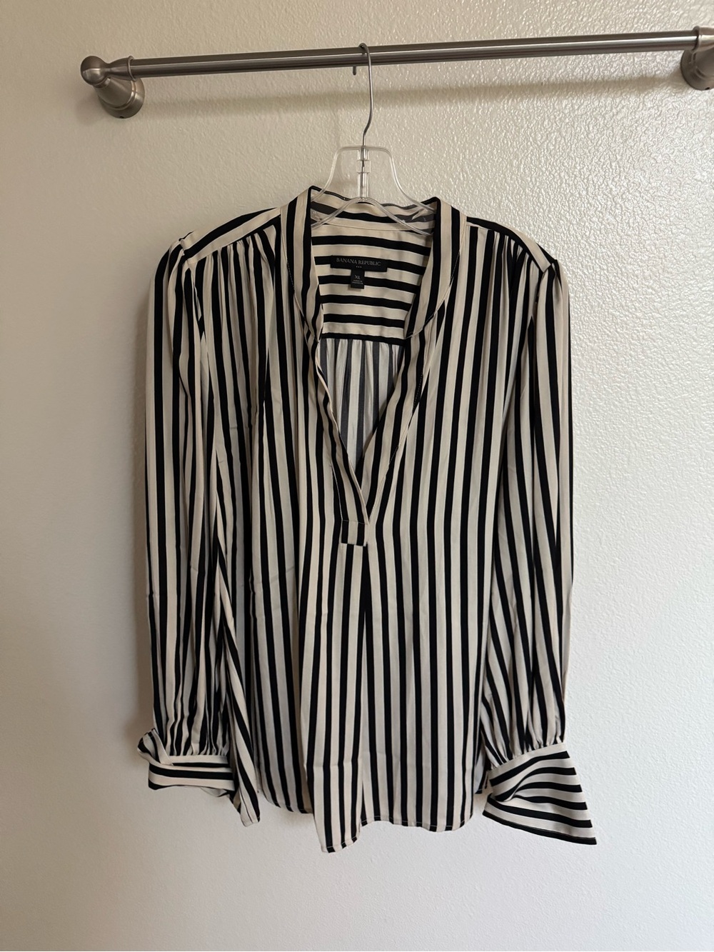 Banana Republic Black and White Vertical Stripe V-Neck Blouse